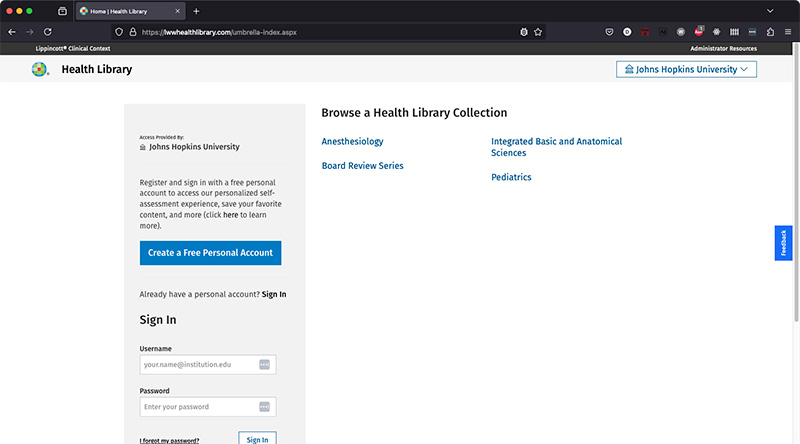 Screenshot of https://lwwhealthlibrary.com/umbrella-index.aspx website