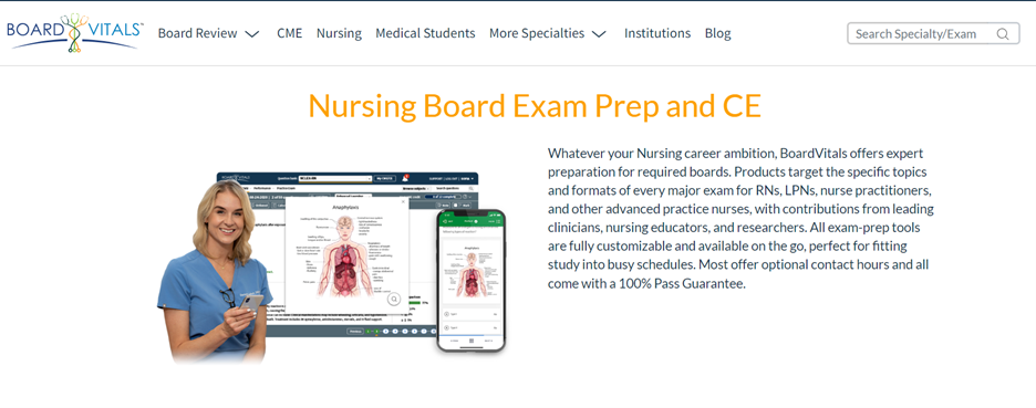 Decorative image screenshot of Nursing Board Exam Prep and CE website homepage