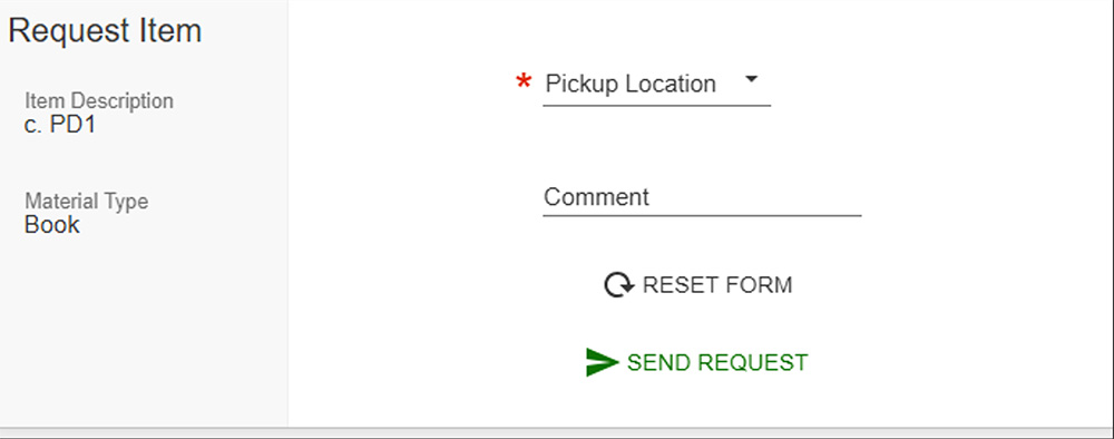 screenshot illustrating Johns Hopkins Libraries Catalog Page with Pickup Location drop-down menu, comment field, reset form button, and send request button.