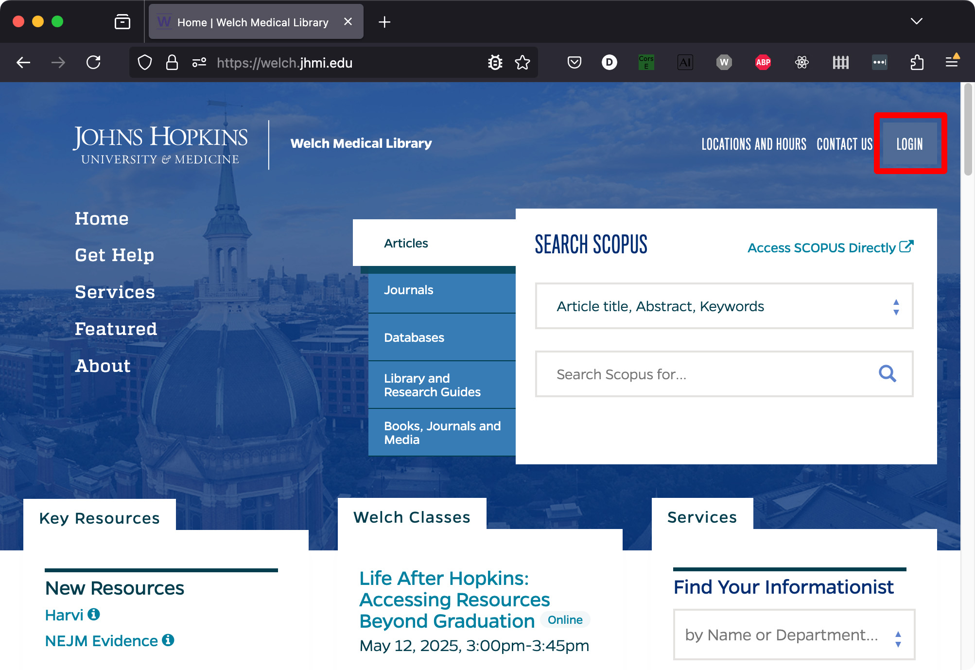 Screen capture of Welch Medical Library website. The Login button which resides in the upper-right corner is highlighted in red.