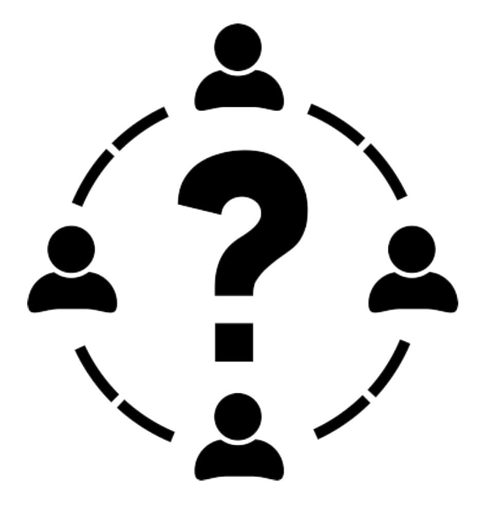 decorative graphic with four user icons arranged on the perimeter of a dotted circle surrounding a question mark