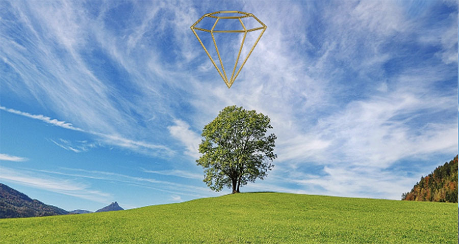 Open Access image of tree on horizon with fair cloudy skies in the background and a lush green field in the foreground. Diamond Icon is in the sky